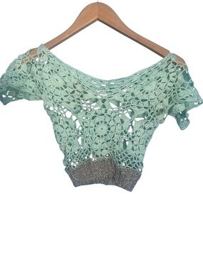 VTG Y2K Charlotte Solnicki Mint Green Open Knit Crochet Crop Top Metallic Hem S